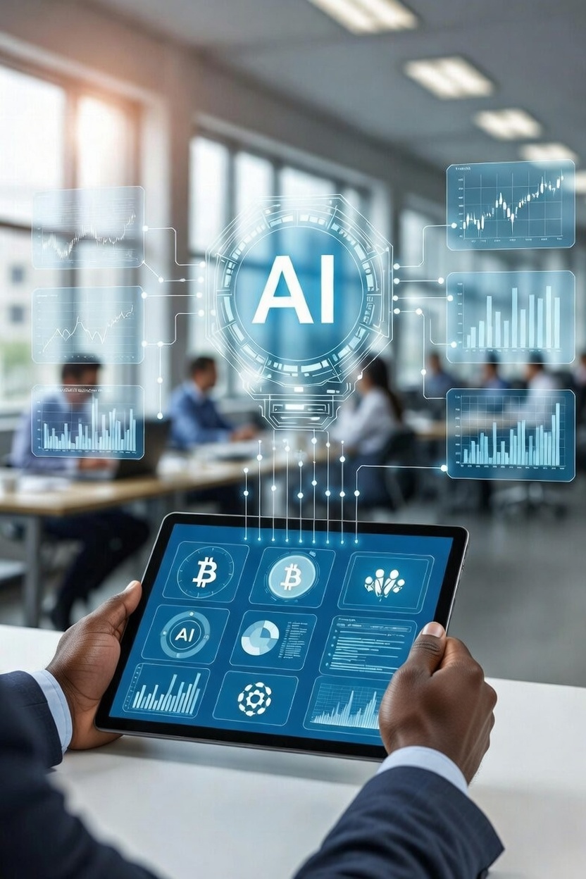 Black hands holding a tablet displaying a futuristic AI-powered finance dashboard with cryptocurrency icons, stablecoin symbols, charts, and data visualizations. Holographic elements float above the screen showing AI connections, Bitcoin logos, graphs, and terms like "Stablecoin," "Fed Now," and "AI Fraud" against a modern office background with city skyline at dusk.