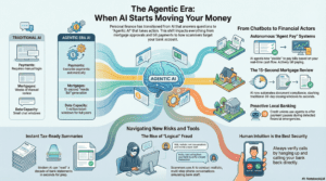 Infographic explaining the agentic era of AI in personal finance, including AI bill payments, automated mortgage review, AI banking assistants, fraud risks, and AI financial analysis tools.