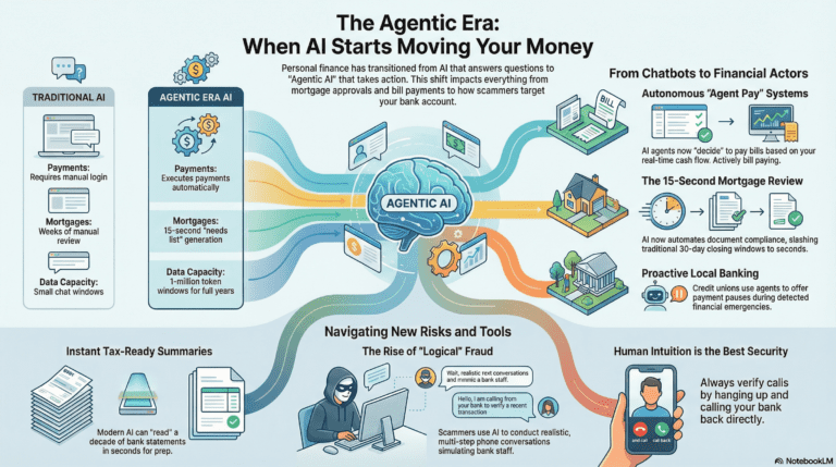 Categories 10 Infographic explaining the agentic era of AI in personal finance, including AI bill payments, automated mortgage review, AI banking assistants, fraud risks, and AI financial analysis tools.