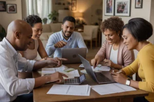 African American couple creating a plan to pay off debt fast using budgeting and financial tools.