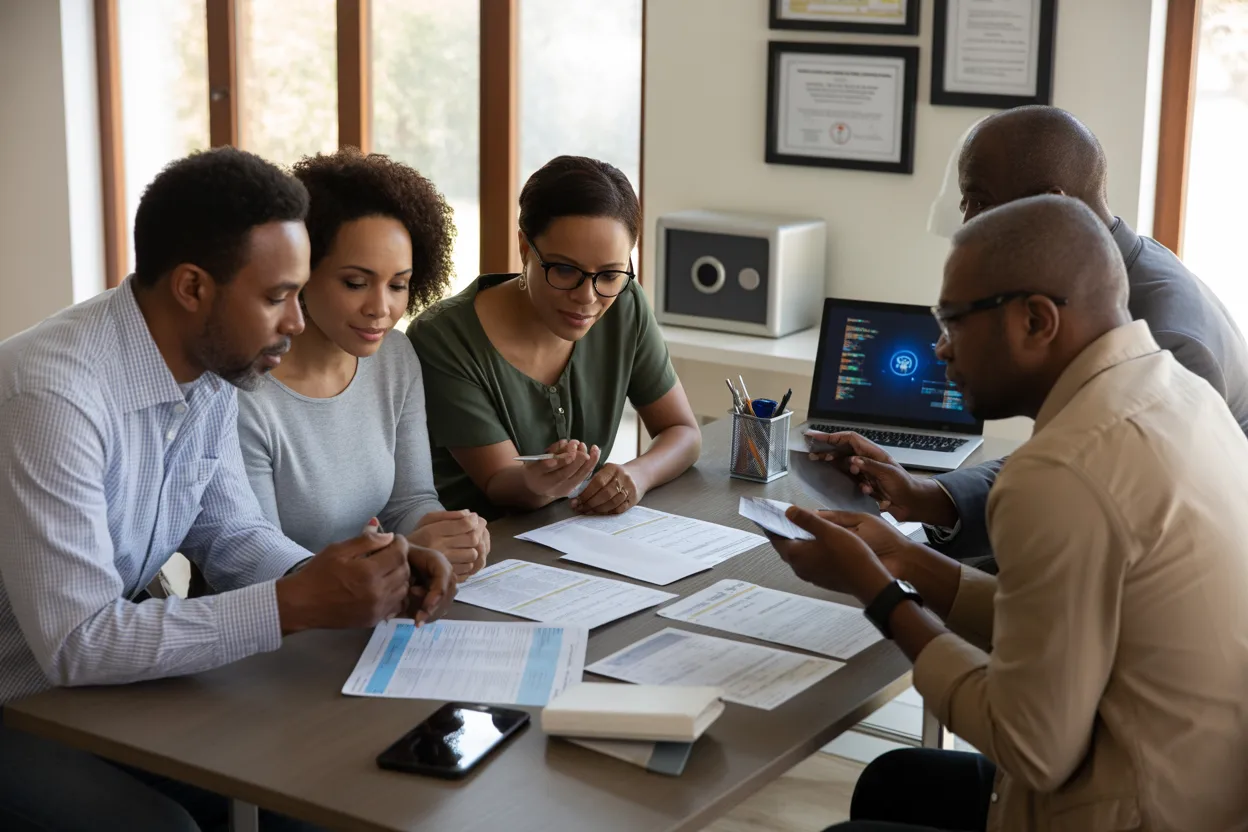 IRS imposter scams 2026 awareness showing African American men, women, and couples learning how to avoid tax fraud.