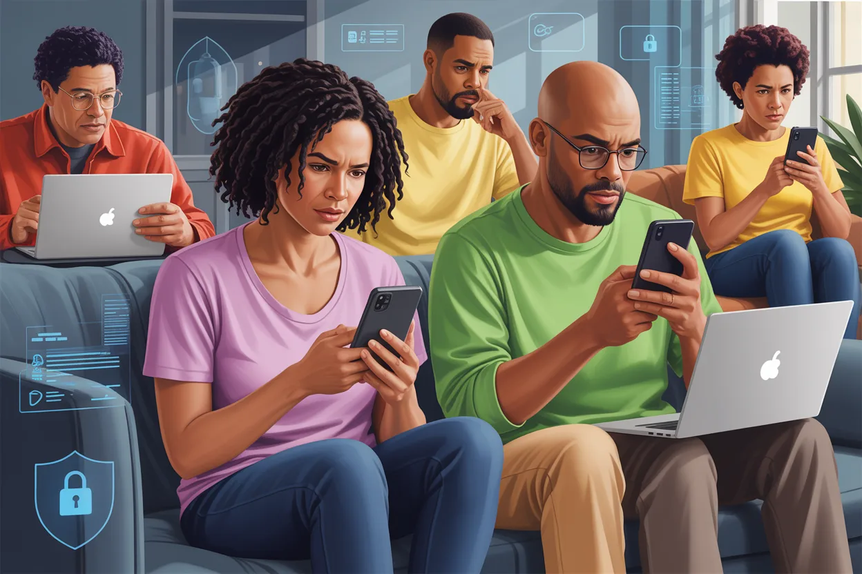 verify government contact guide showing people checking official sources to avoid scams and fraud.
