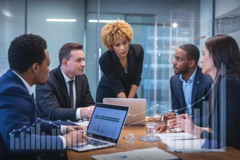 Maximizing Success: Business Coaching for Financial Advisors in a modern, diverse professional setting focused on growth and financial achievement.