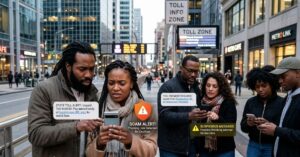 toll scam text warning showing users identifying fake toll messages and protecting personal data