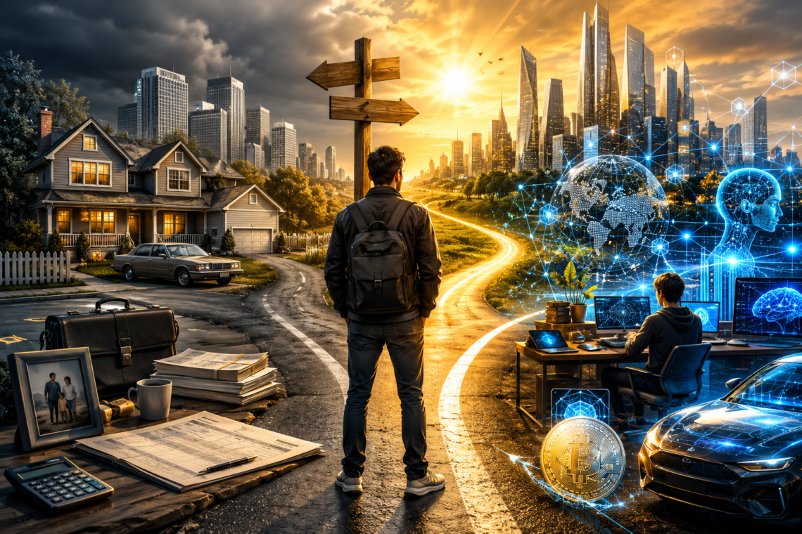 Illustration depicting the shift from traditional wealth-building strategies to digital ownership, AI, and technology-driven investing.