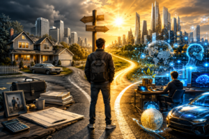 Illustration depicting the shift from traditional wealth-building strategies to digital ownership, AI, and technology-driven investing.