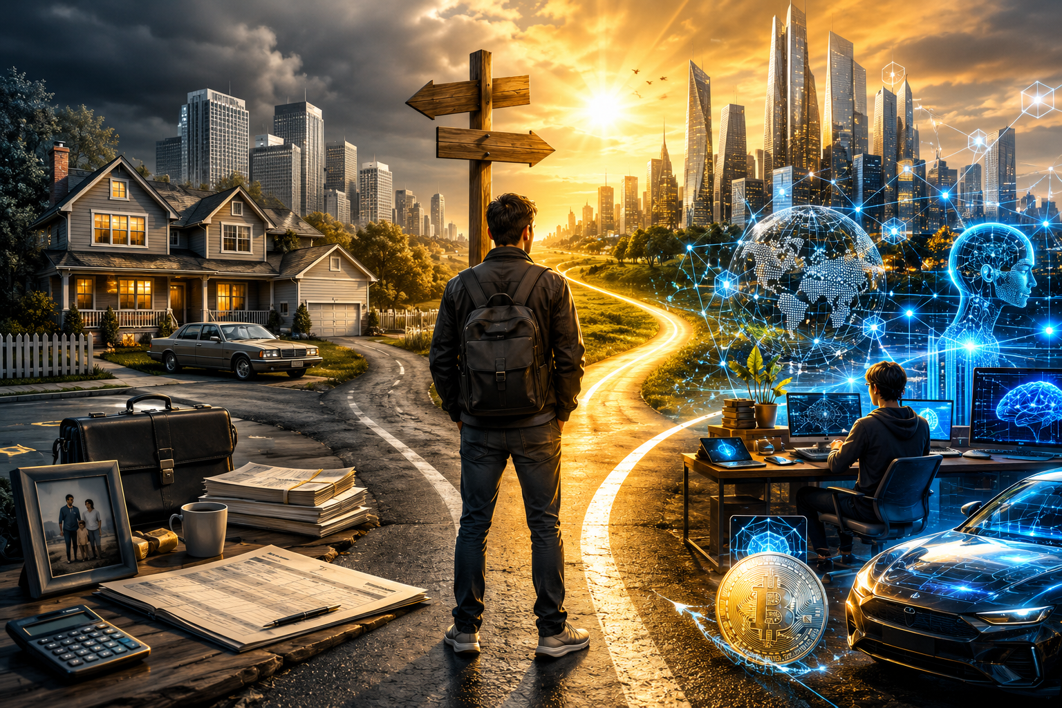 Illustration depicting the shift from traditional wealth-building strategies to digital ownership, AI, and technology-driven investing.