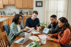 A diverse group of adults reviewing expenses and learning how to prioritize bills during a financial hardship.