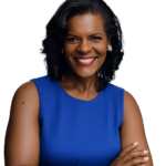 Woman in a blue sleeveless dress smiles with arms crossed, wearing a smartwatch and ring, standing against a plain white background—radiating the confidence and poise of Lynnette Khalfani-Cox, The Money Coach.