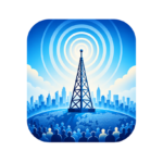 Illustration of a broadcasting tower emitting signals over a city skyline, with a crowd of people standing below, representing global communication or media transmission—symbolizing how experts like Lynnette Khalfani-Cox, The Money Coach, help spread financial knowledge to audiences worldwide.