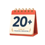 Desktop calendar displaying "20+ Years of Financial Education" with gold rings and a red base, symbolizing over two decades of expertise from Lynnette Khalfani-Cox, The Money Coach.
